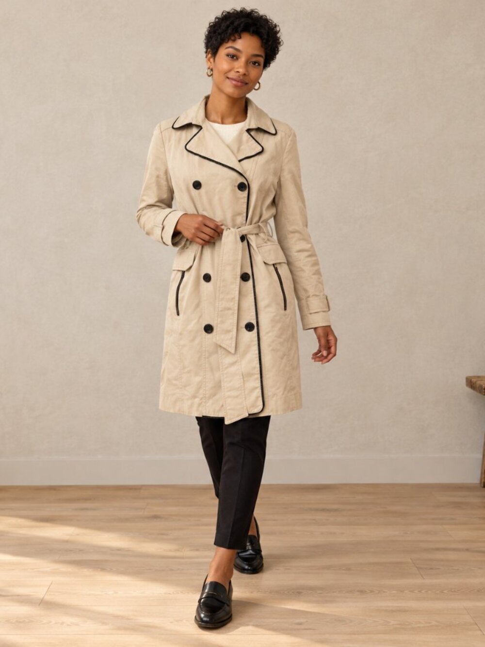 Smart Set Cream Cotton Trench Coat with Dark Contrast Trim Large